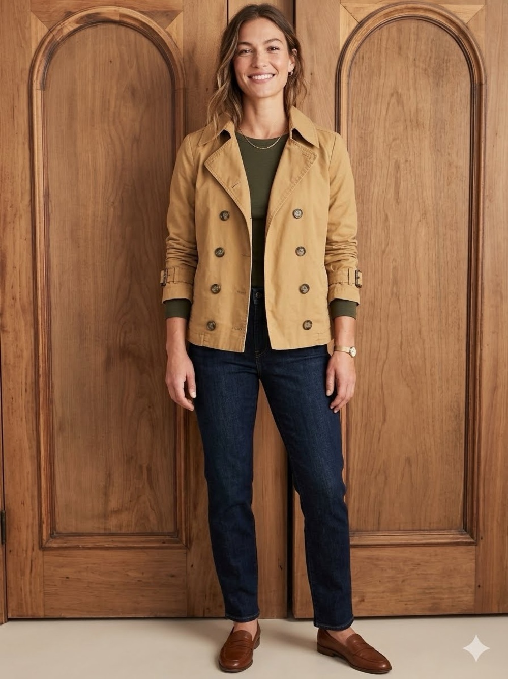 Old Navy Khaki Cropped Double-Breasted Trench Peacoat Jacket, Size Small